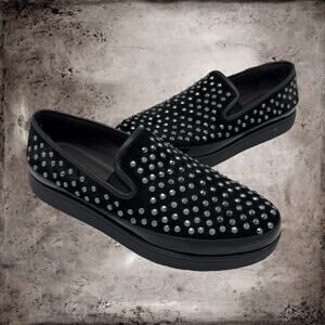 DONALD J PLINER Mickey Black Leather Suede Studded Platform Loafers Shoes 8.5 M